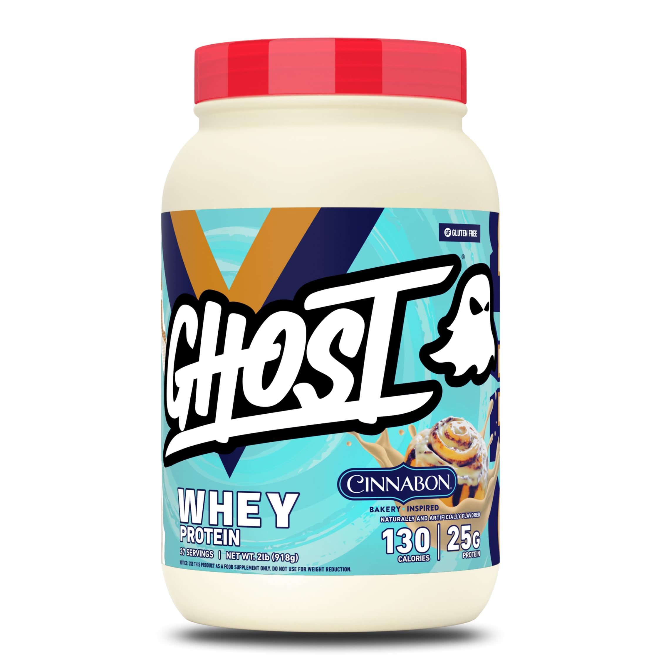 GHOST Whey Protein Powder, Cinnabon - 2LB, 25G Protein Per Serving - Cinnamon Roll Flavor - Whey Protein Isolate, Concentrate & Hydrolyzed Blend - Soy & Gluten Free